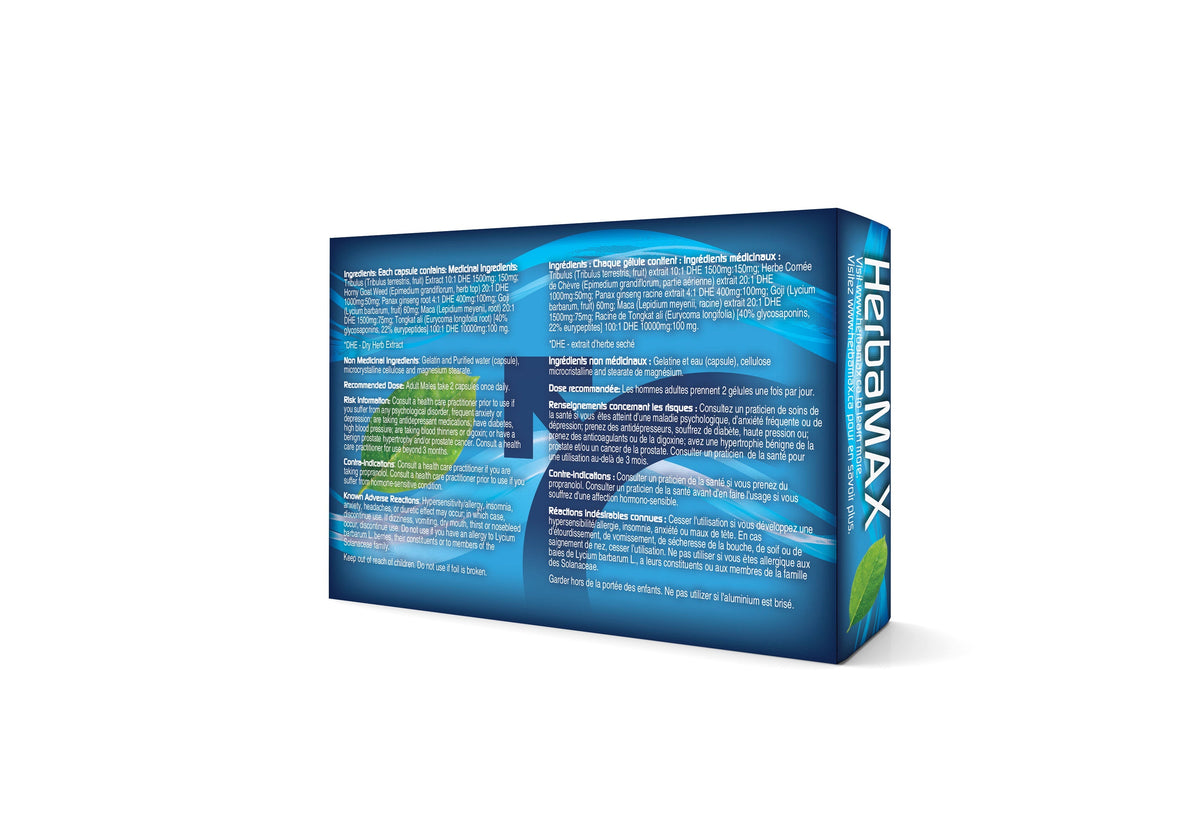 A box of HerbaMAX for Men, a premium all-natural supplement formulated to support male sexual health and overall well-being.